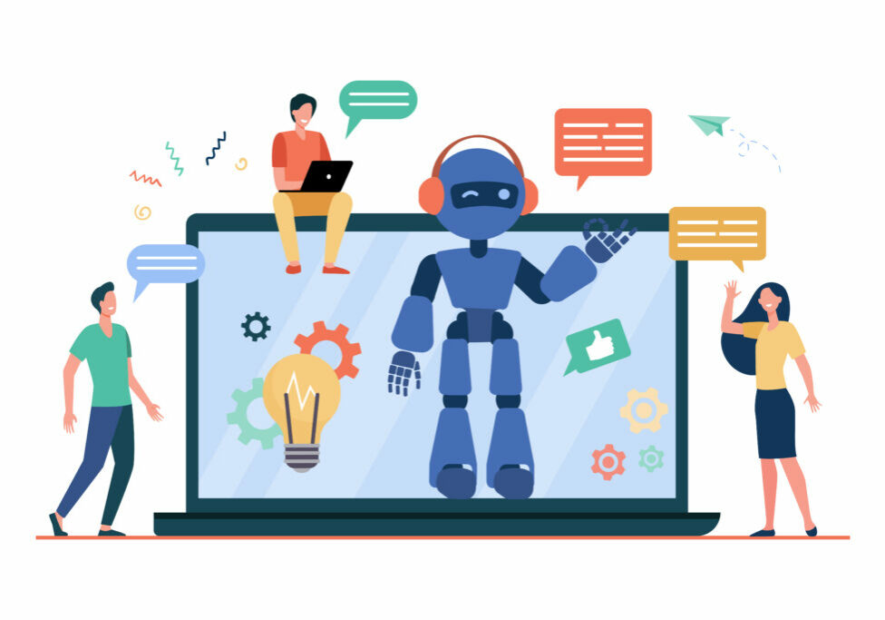 Happy people talking to chatbot on laptop vector illustration. AI virtual assistant on computer screen helping users and replying to messages. Online customer support, artificial intelligence concept